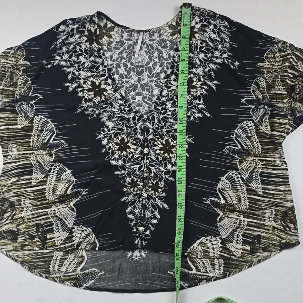 FREE PEOPLE -1816 Birds of a Feather Balloon Sleeve Printed Blouse Black Tan XS‎